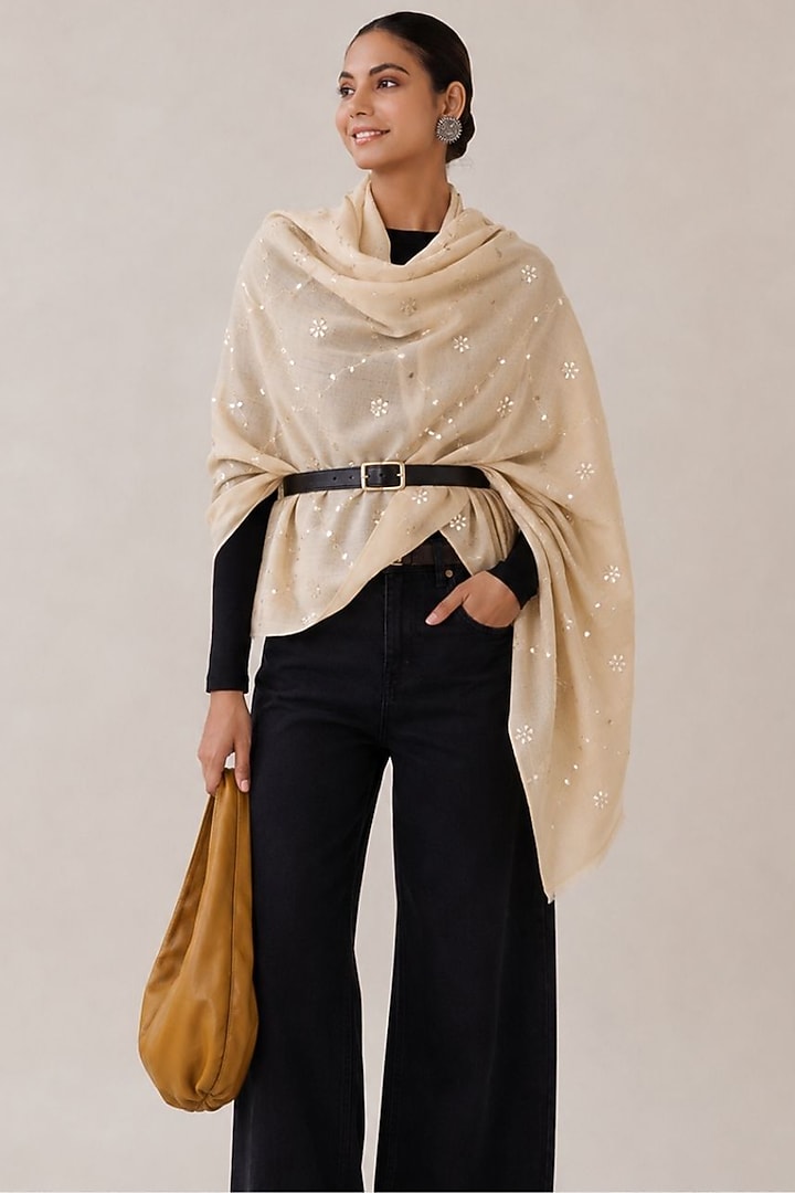 Beige Wool Gota Patti Hand Embroidered Shawl by Geroo Jaipur Accessories at Pernia's Pop Up Shop