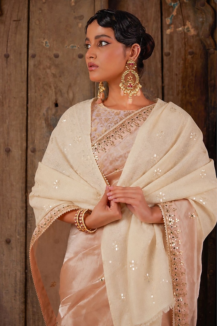 Beige Wool Gota Patti Hand Embroidered Shawl by Geroo Jaipur Accessories at Pernia's Pop Up Shop