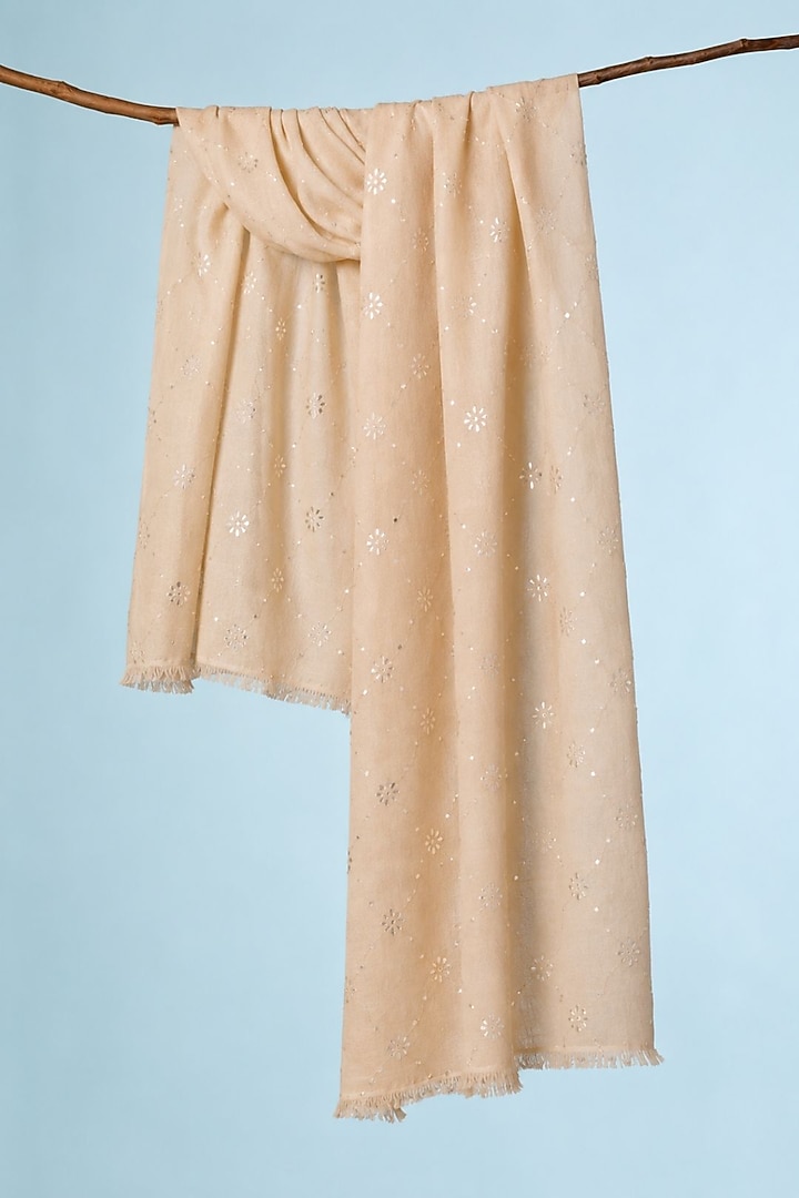 Beige Wool Gota Patti Hand Embroidered Shawl by Geroo Jaipur Accessories at Pernia's Pop Up Shop