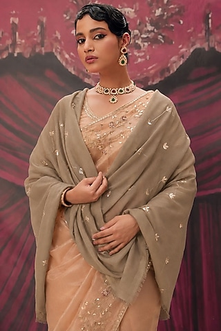 Green Wool Gota Patti Hand Embroidered Shawl by Geroo Jaipur Accessories