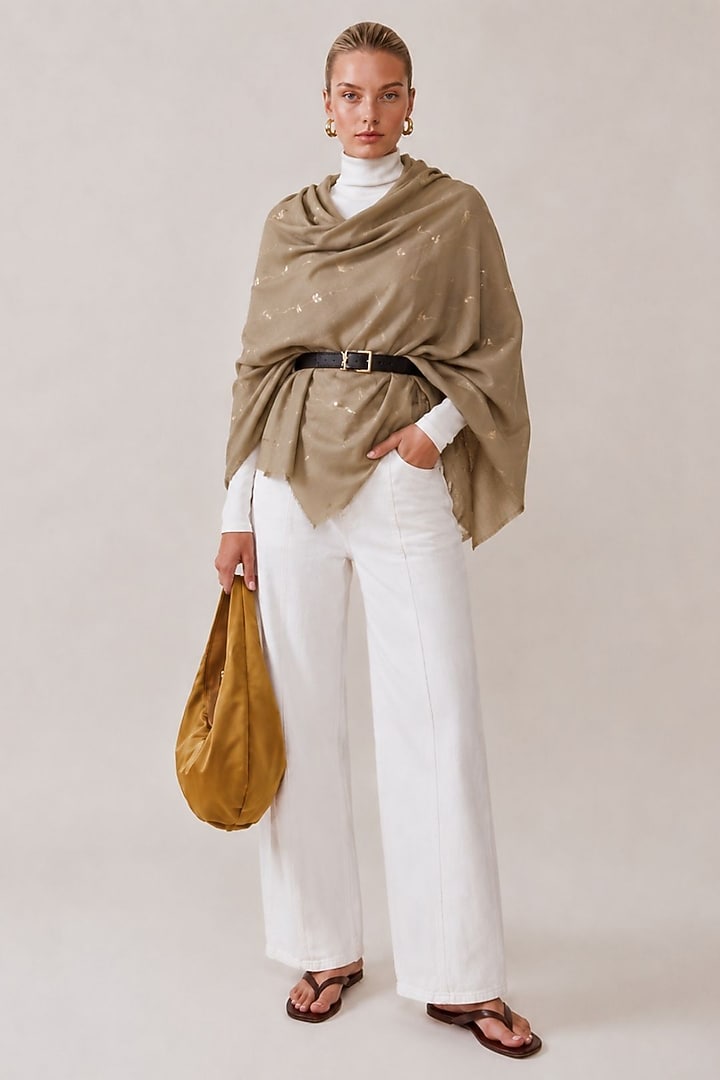 Green Wool Gota Patti Hand Embroidered Shawl by Geroo Jaipur Accessories at Pernia's Pop Up Shop