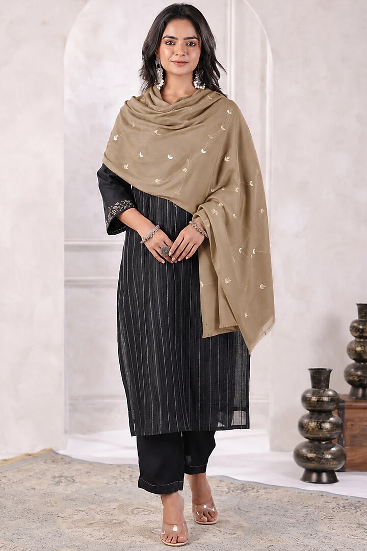 Green Wool Gota Patti Hand Embroidered Shawl by Geroo Jaipur Accessories at Pernia's Pop Up Shop
