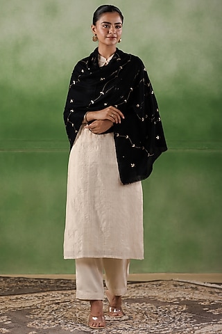 Black Wool Gota Patti Hand Embroidered Shawl by Geroo Jaipur Accessories