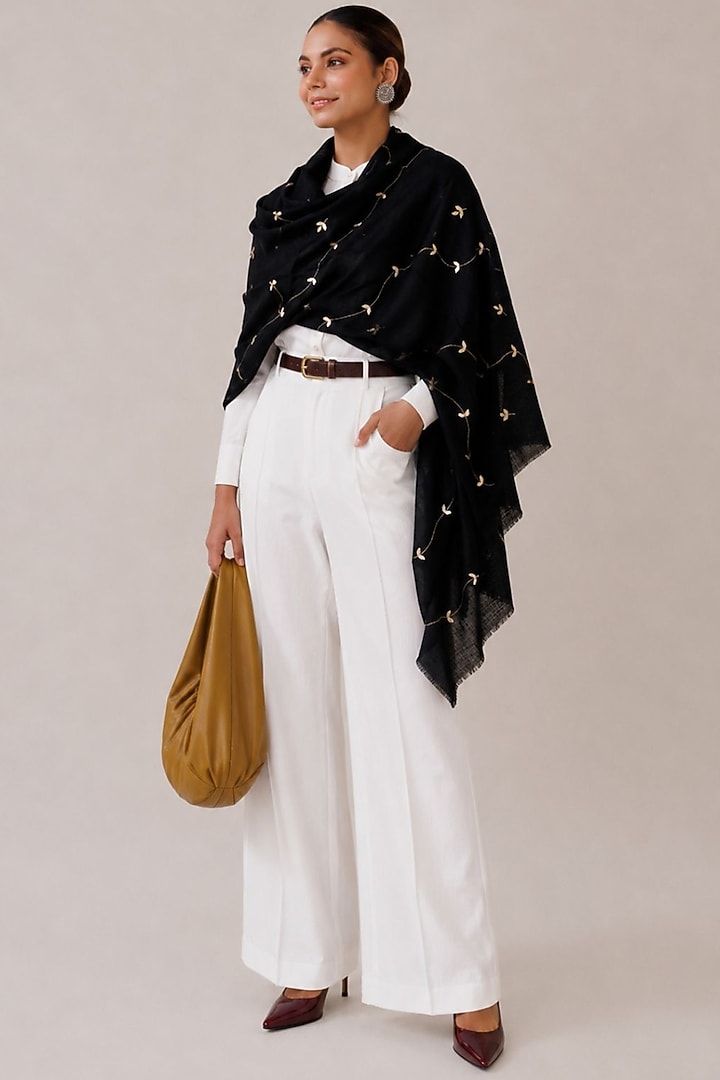 Black Wool Gota Patti Hand Embroidered Shawl by Geroo Jaipur Accessories at Pernia's Pop Up Shop
