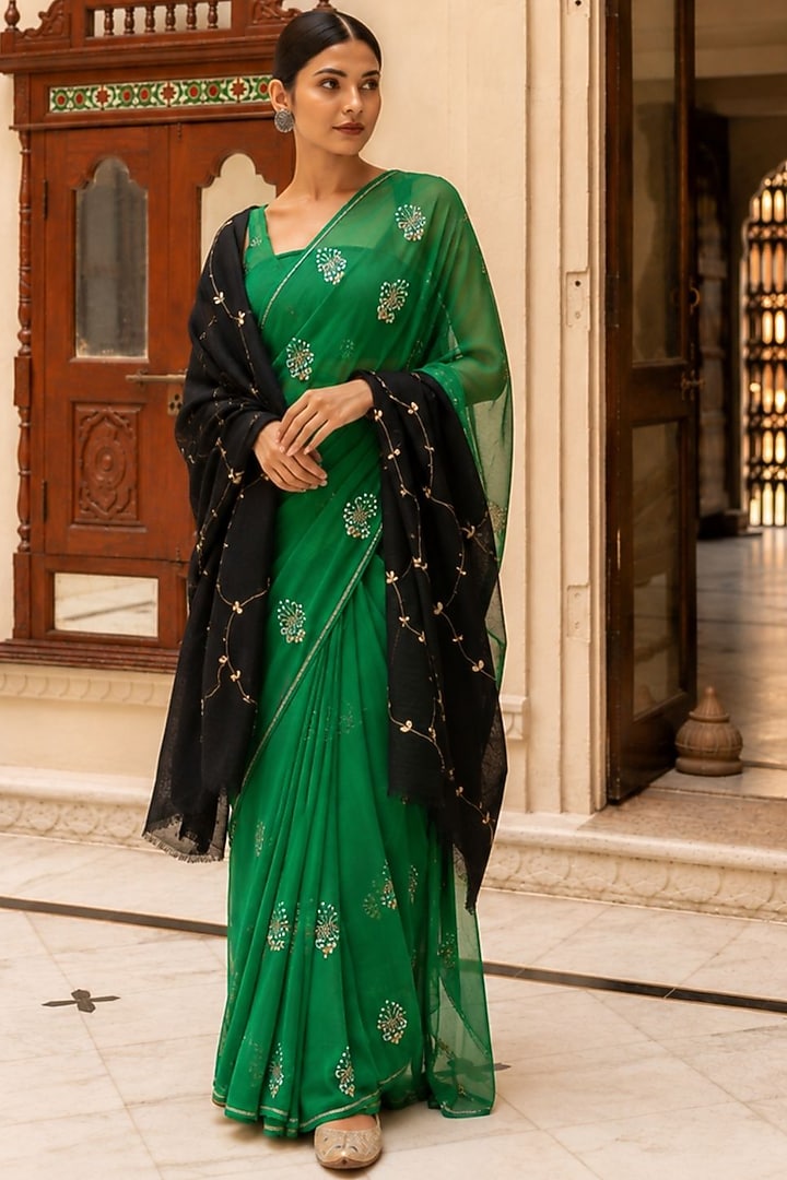 Black Wool Gota Patti Hand Embroidered Shawl by Geroo Jaipur Accessories at Pernia's Pop Up Shop