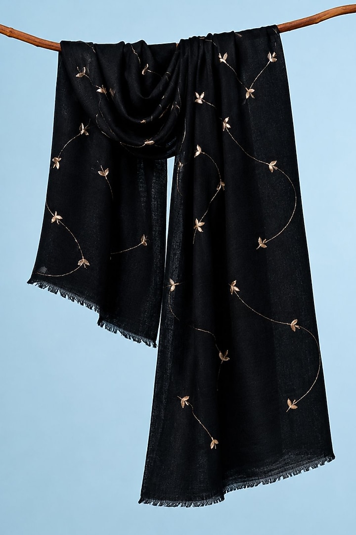 Black Wool Gota Patti Hand Embroidered Shawl by Geroo Jaipur Accessories at Pernia's Pop Up Shop