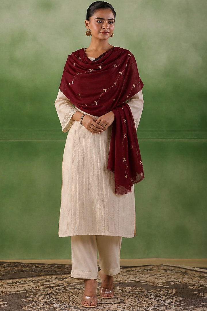 Maroon Wool Gota Patti Hand Embroidered Shawl by Geroo Jaipur Accessories at Pernia's Pop Up Shop