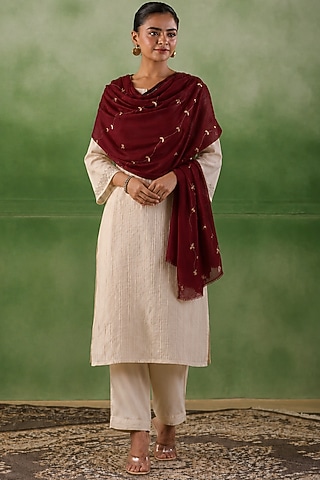 Maroon Wool Gota Patti Hand Embroidered Shawl by Geroo Jaipur Accessories