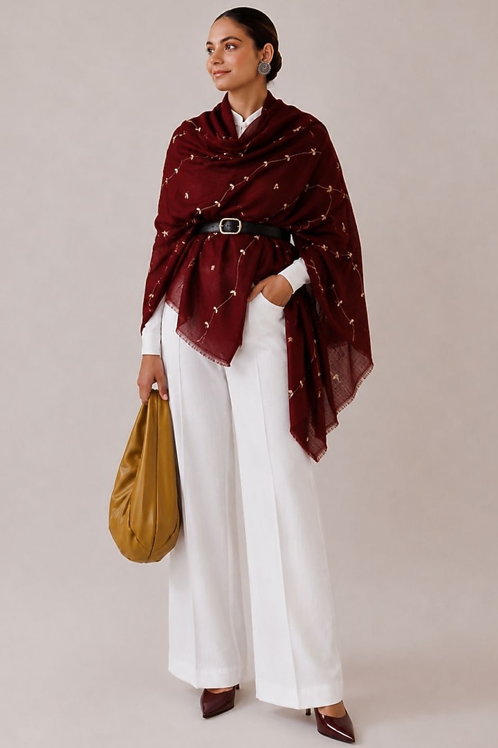 Maroon Wool Gota Patti Hand Embroidered Shawl by Geroo Jaipur Accessories at Pernia's Pop Up Shop