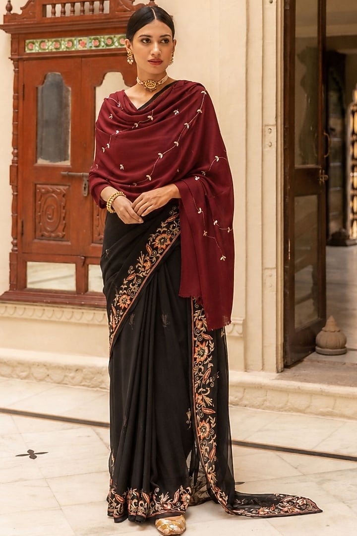 Maroon Wool Gota Patti Hand Embroidered Shawl by Geroo Jaipur Accessories at Pernia's Pop Up Shop