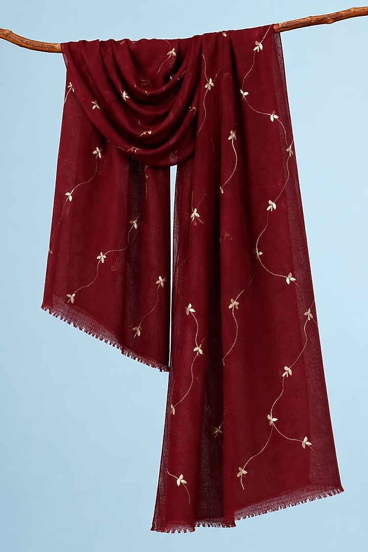 Maroon Wool Gota Patti Hand Embroidered Shawl by Geroo Jaipur Accessories at Pernia's Pop Up Shop
