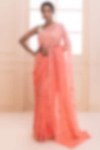 Pink Pure Chiffon Gota Embellished Wedding Saree Set by Geroo Jaipur at Pernia's Pop Up Shop