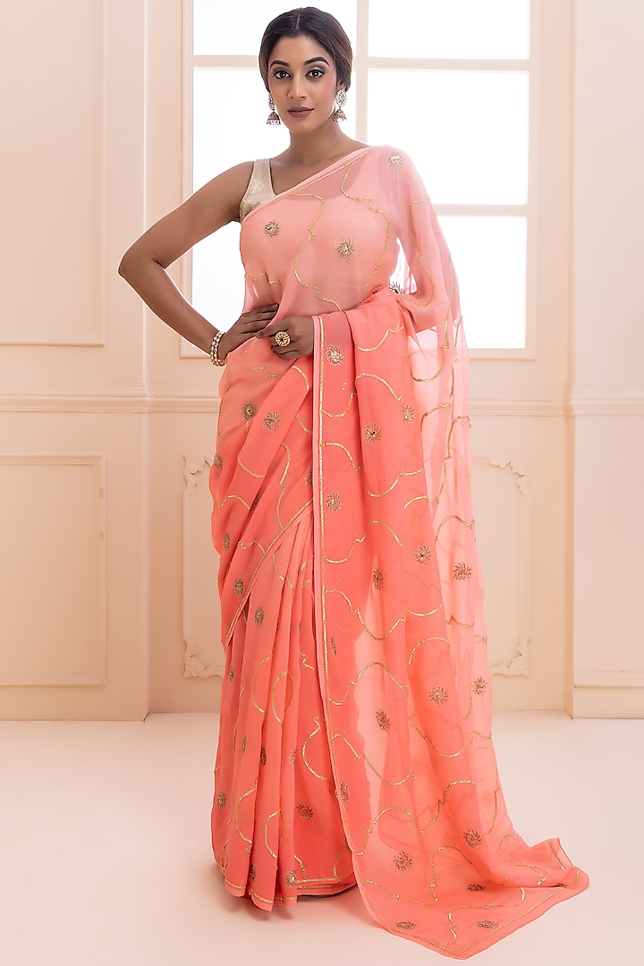 Pink Pure Chiffon Gota Embellished Wedding Saree Set by Geroo Jaipur at Pernia's Pop Up Shop