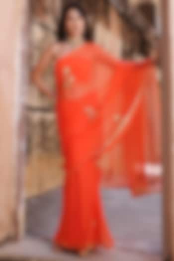 Orange Chiffon Aari Embroidered Festive Saree Set by Geroo Jaipur at Pernia's Pop Up Shop