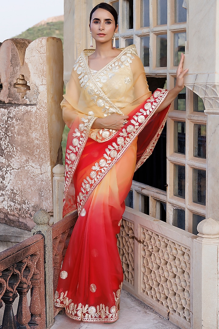Yellow Shaded Organza Hand Embroidered Festive Saree Set by Geroo Jaipur at Pernia's Pop Up Shop
