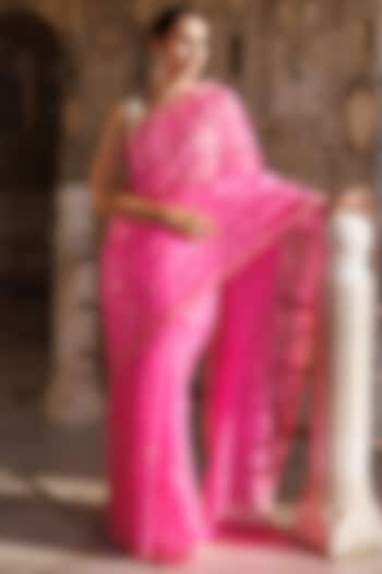 Hot Pink Kota Silk Hand Embroidered Party Wear Saree Set by Geroo Jaipur at Pernia's Pop Up Shop
