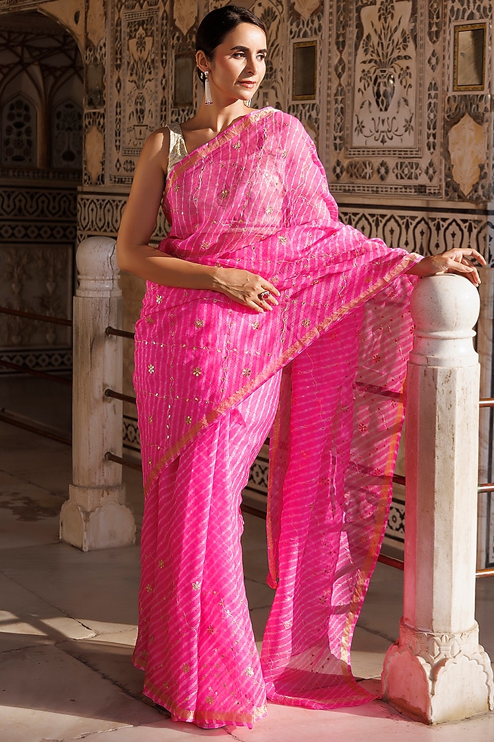 Hot Pink Kota Silk Hand Embroidered Party Wear Saree Set by Geroo Jaipur at Pernia's Pop Up Shop