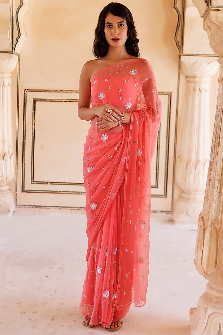 Rose Pink Chiffon Hand Embroidered Saree Set by Geroo Jaipur at Pernia's Pop Up Shop