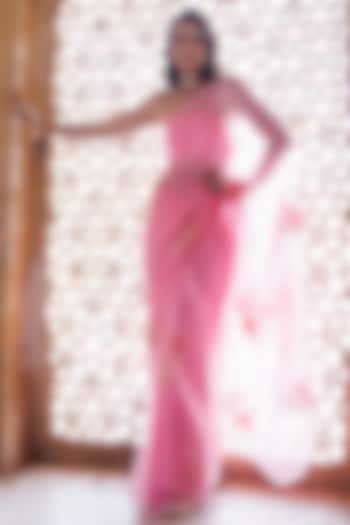 Pink Chiffon Aari Embroidered Party Wear Saree Set by Geroo Jaipur at Pernia's Pop Up Shop
