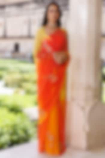Yellow & Orange Chiffon Hand Embroidered Festive Saree Set by Geroo Jaipur at Pernia's Pop Up Shop