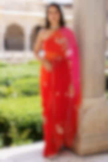 Pink & Orange Chiffon Hand Embroidered Festive Saree Set by Geroo Jaipur at Pernia's Pop Up Shop