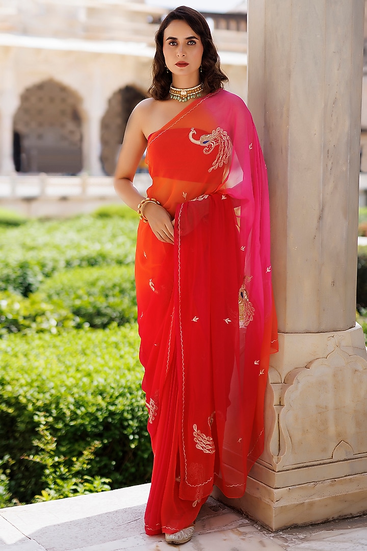 Pink & Orange Chiffon Hand Embroidered Festive Saree Set by Geroo Jaipur at Pernia's Pop Up Shop