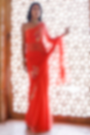 Peach Chiffon Hand Embroidered Party Wear Saree Set by Geroo Jaipur at Pernia's Pop Up Shop