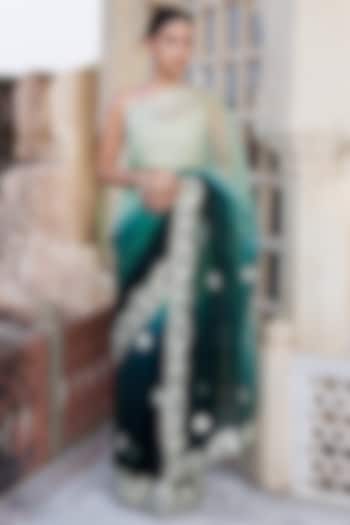 Green Organza Shaded Hand Embroidered Festive Saree Set by Geroo Jaipur at Pernia's Pop Up Shop
