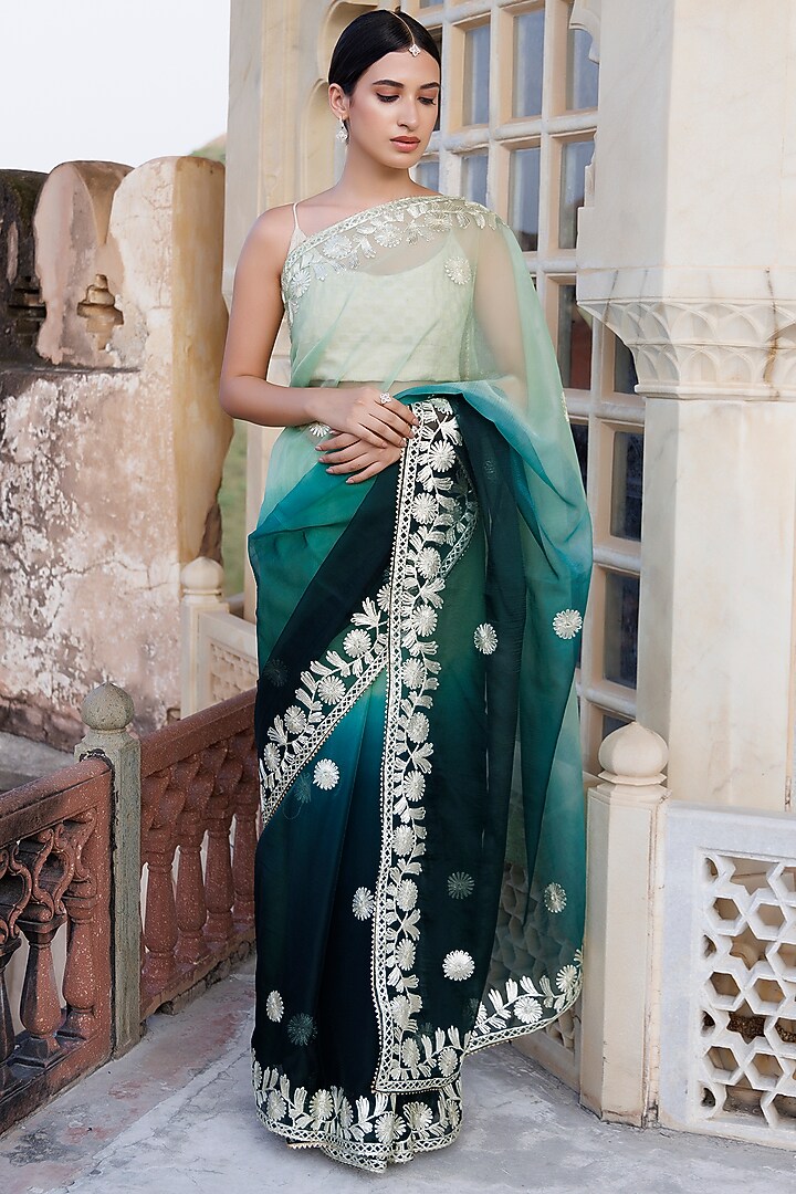 Green Organza Shaded Hand Embroidered Festive Saree Set by Geroo Jaipur at Pernia's Pop Up Shop