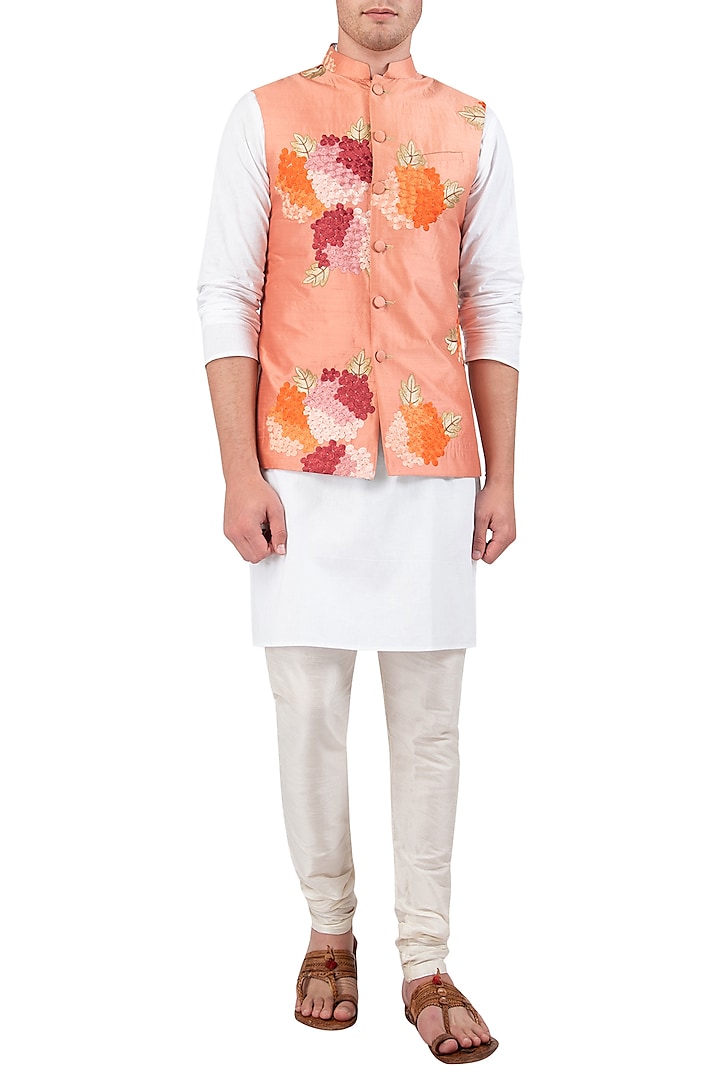 Peach Embroidered Nehru Jacket by Gaurav Katta