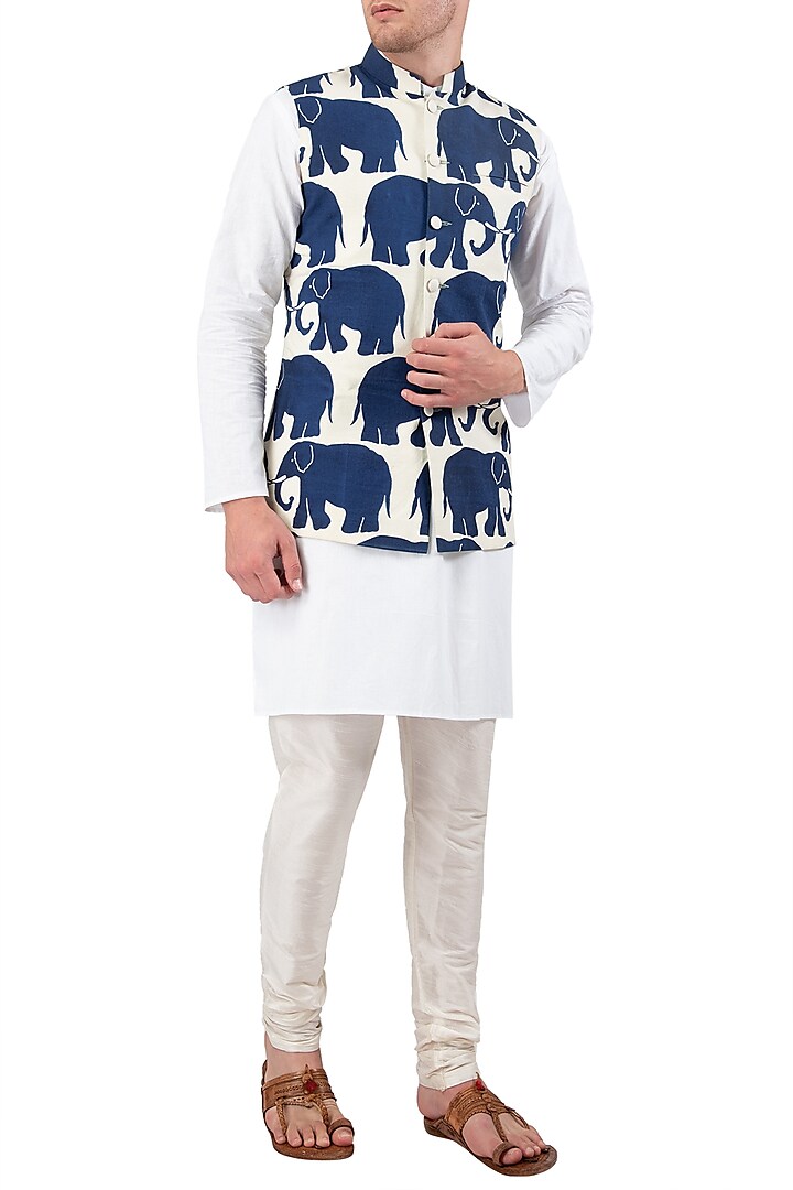 White Indigo Elephant Motifs Printed Nehru Jacket by Gaurav Katta
