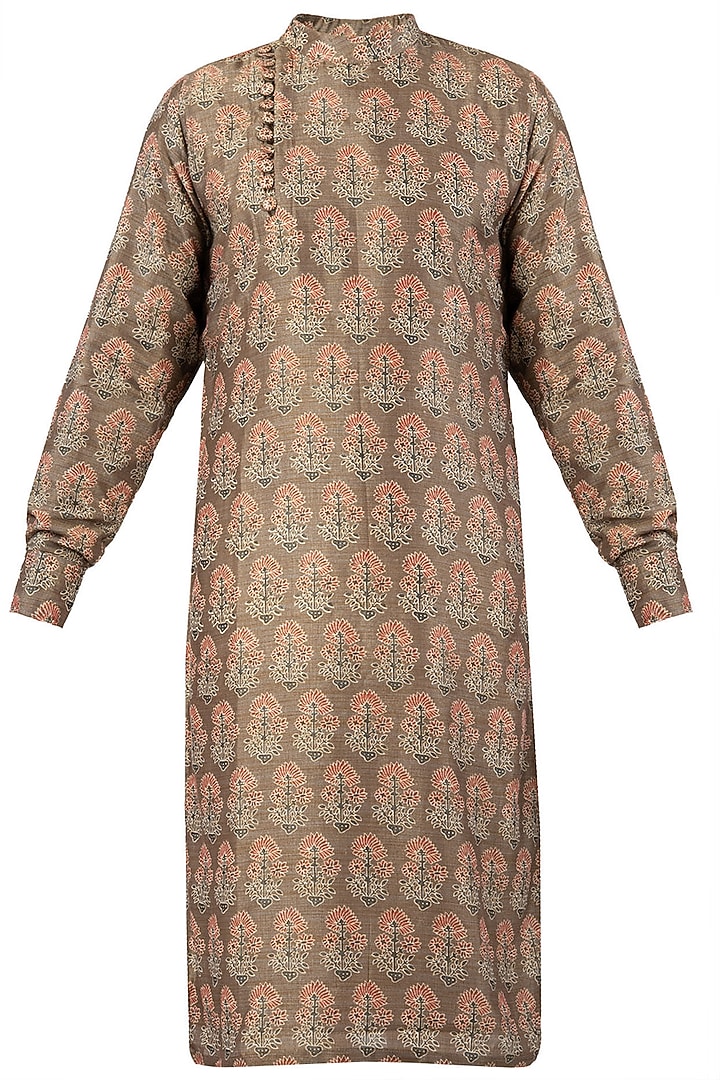 Brown block printed angrakaha kurta available only at Pernia's Pop Up Shop.
