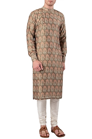 Brown Block Printed Angrakaha Kurta by Gaurav Katta