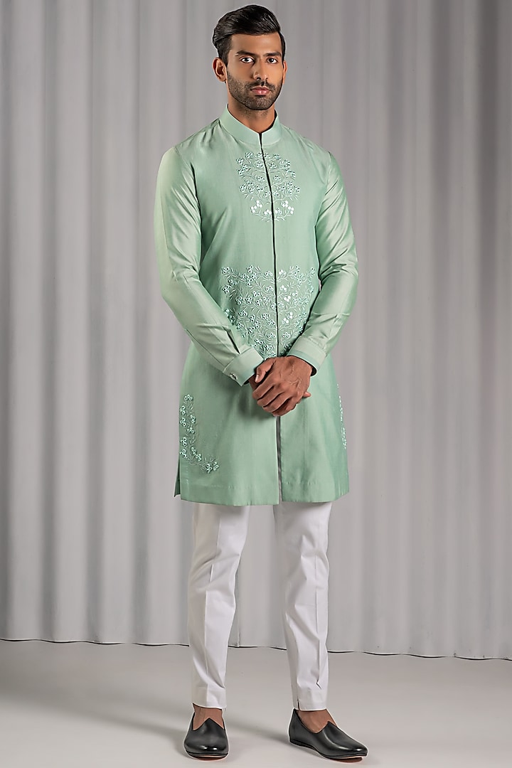 Sea Green Cotton Silk Embroidered Kurta Set by Punit Arora