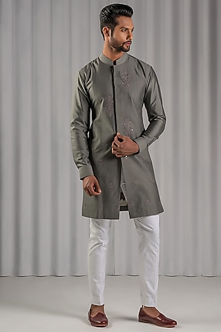 Dark Grey Cotton Silk Embroidered Kurta Set by Punit Arora