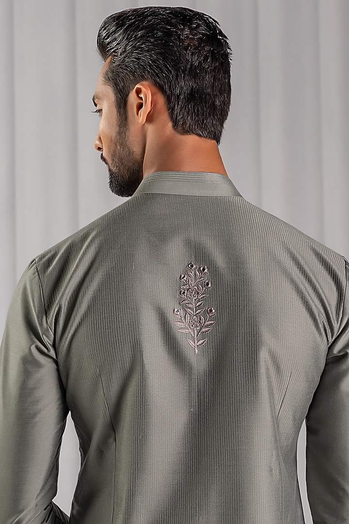 Dark Grey Cotton Silk Embroidered Kurta Set by Punit Arora at Pernia's Pop Up Shop