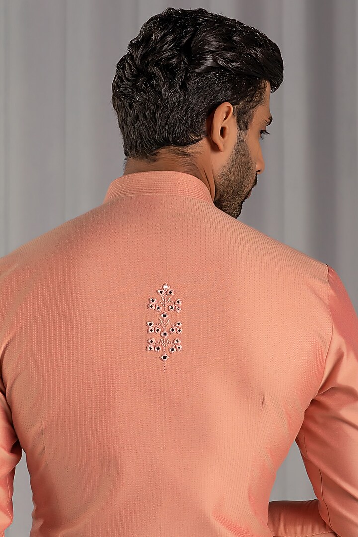 Peach Cotton Silk Mirror Embroidered Kurta Set by Punit Arora at Pernia's Pop Up Shop