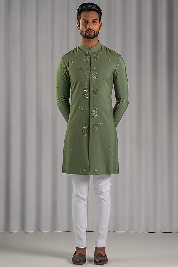 Green Cotton Silk Embroidered Wedding Indowestern Jacket Set by Punit Arora at Pernia's Pop Up Shop