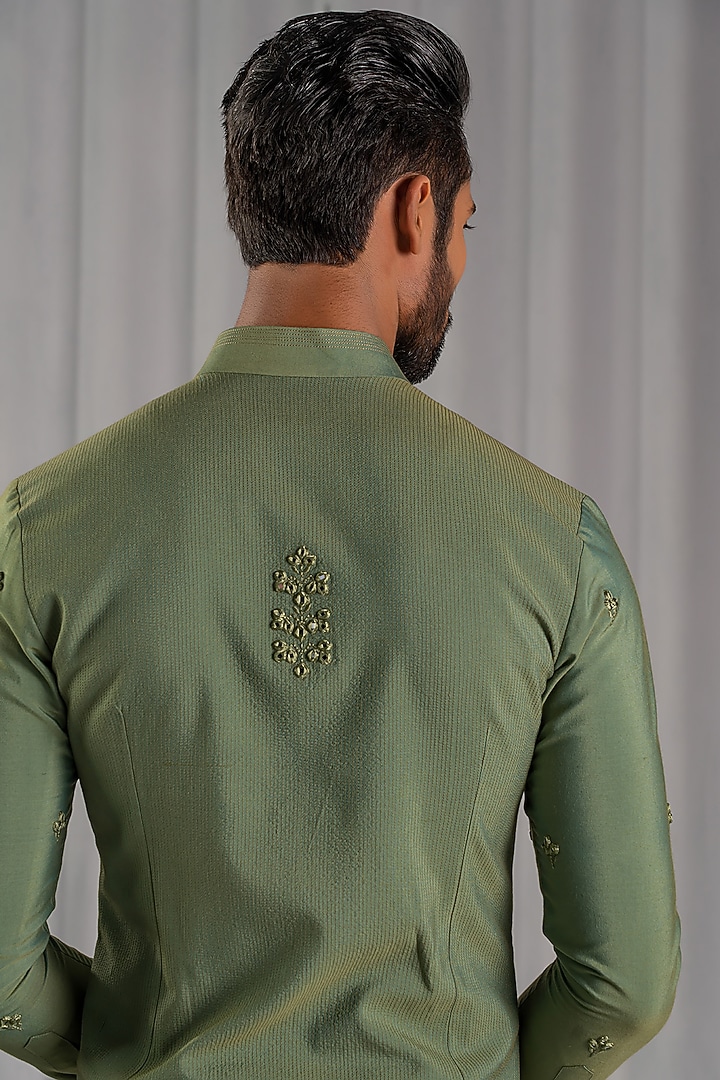 Green Cotton Silk Embroidered Wedding Indowestern Jacket Set by Punit Arora at Pernia's Pop Up Shop