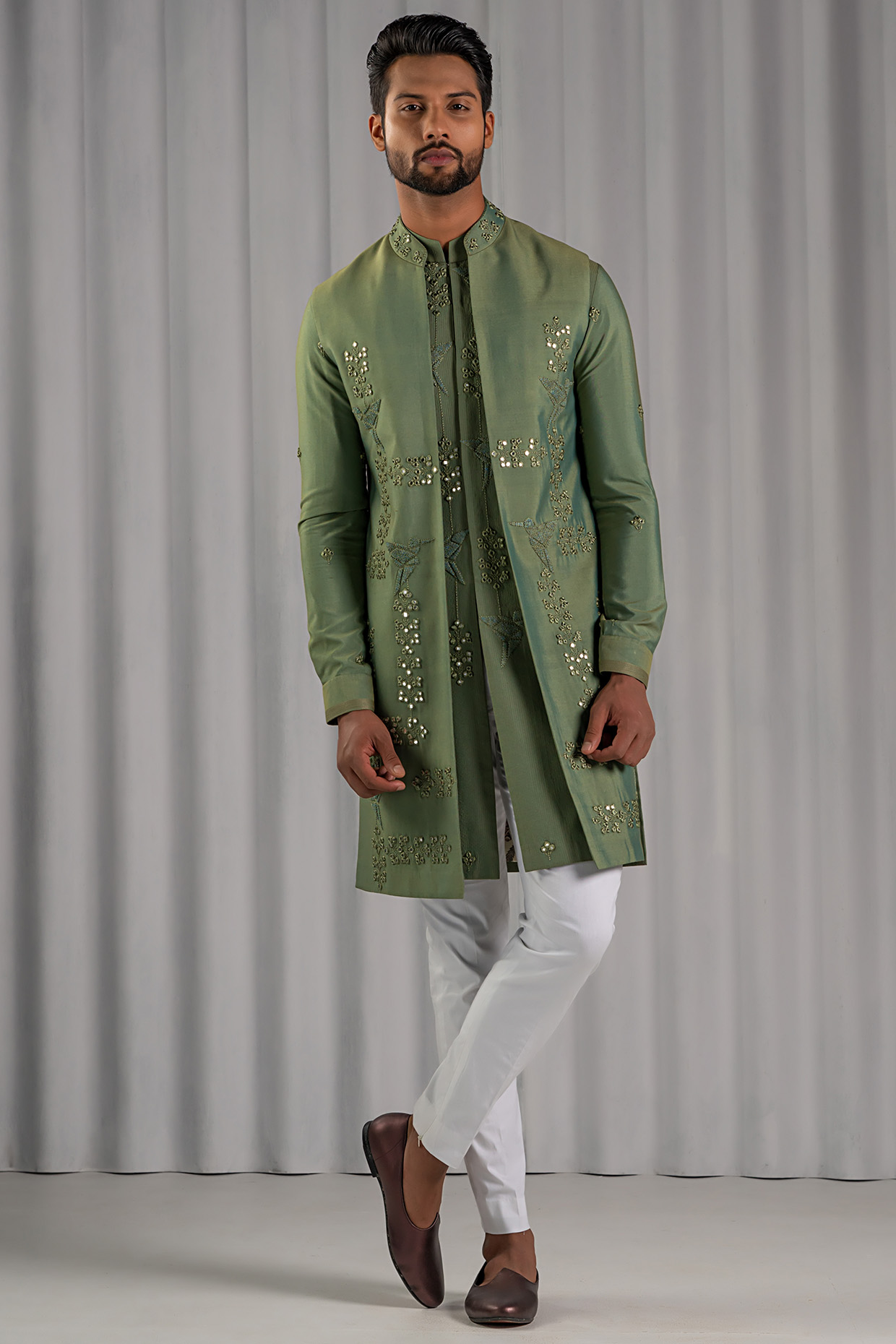 Green Cotton Silk Embroidered Wedding Indowestern Jacket Set by Punit Arora at Pernia's Pop Up Shop