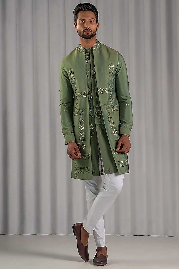 Green Cotton Silk Embroidered Wedding Indowestern Jacket Set by Punit Arora at Pernia's Pop Up Shop