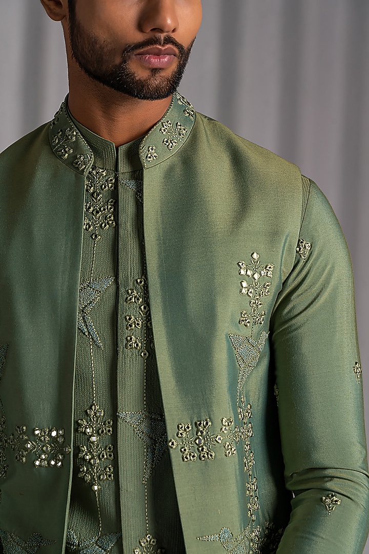 Green Cotton Silk Embroidered Wedding Indowestern Jacket Set by Punit Arora at Pernia's Pop Up Shop