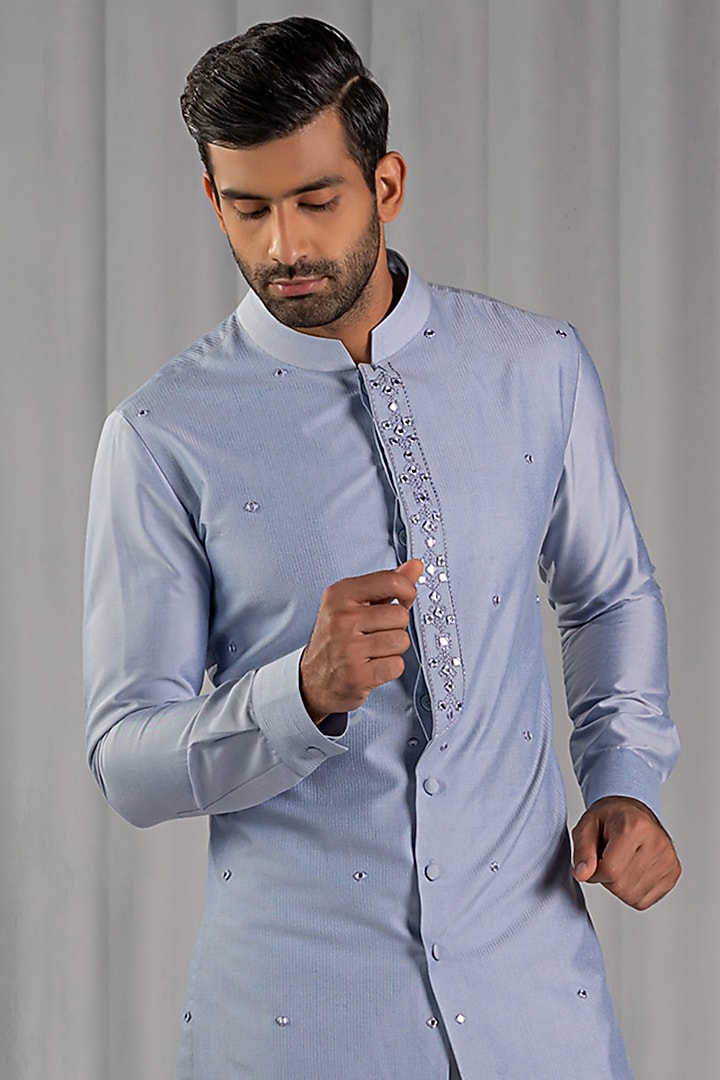 Sky Blue Cotton Silk Mirror Embroidered Kurta Set by Punit Arora at Pernia's Pop Up Shop