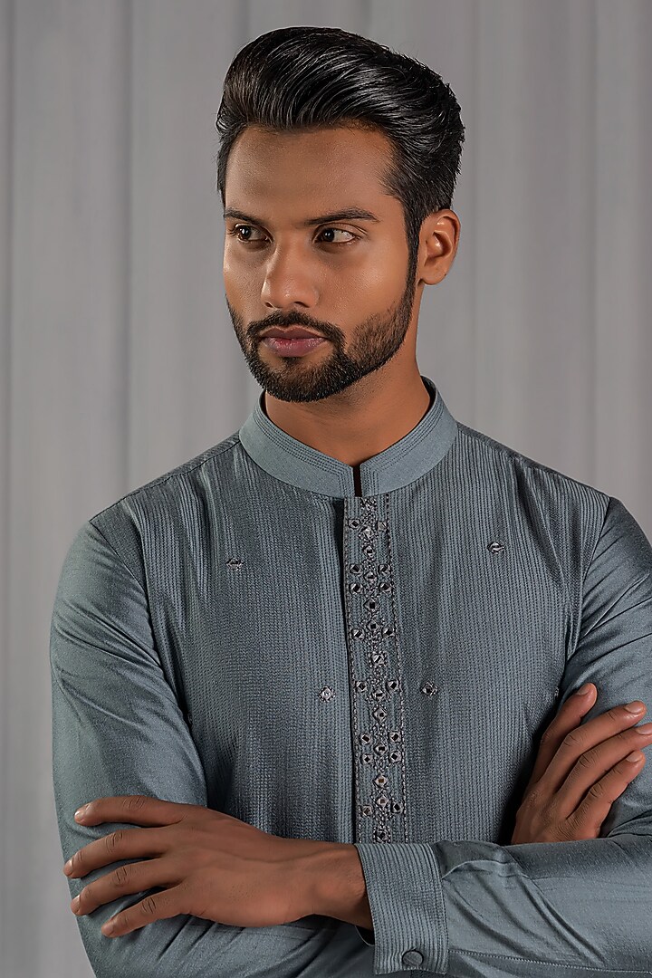 Grey Cotton Silk Floral Motif Embroidered Kurta Set by Punit Arora at Pernia's Pop Up Shop