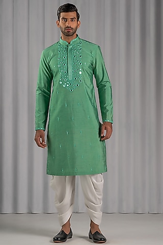 Green Cotton Silk Embroidered Kurta Set by Punit Arora