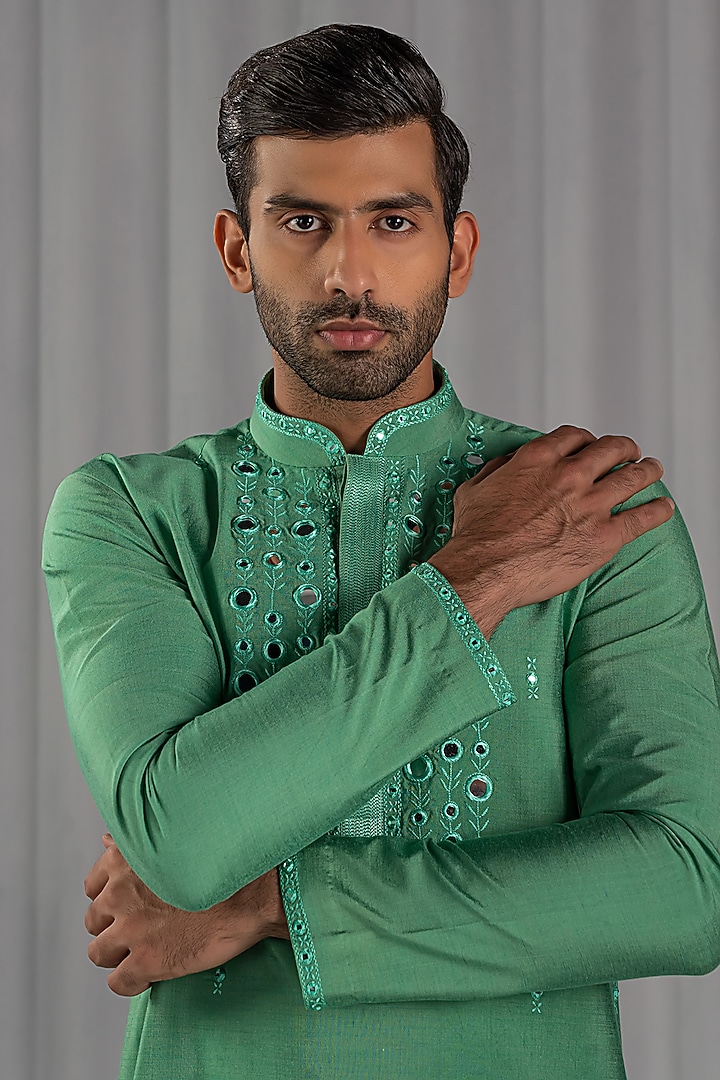 Green Cotton Silk Embroidered Kurta Set by Punit Arora at Pernia's Pop Up Shop