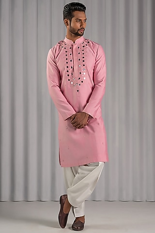 Pink Silk Embroidered Kurta Set by Punit Arora