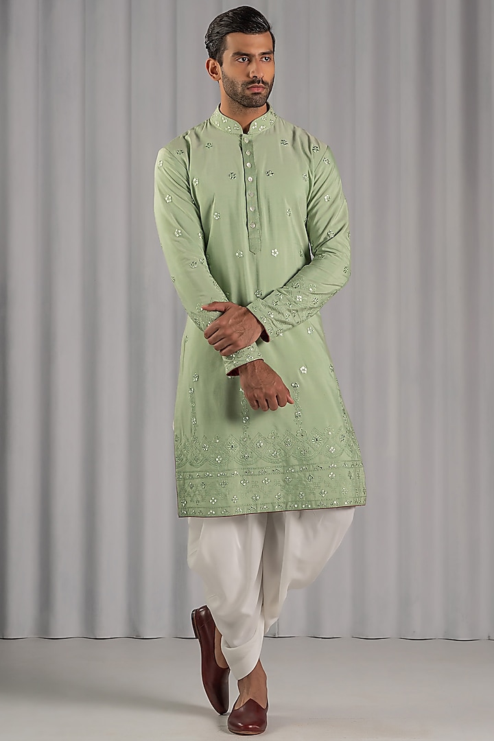 Soft Green Cotton Silk Embroidered Kurta Set by Punit Arora