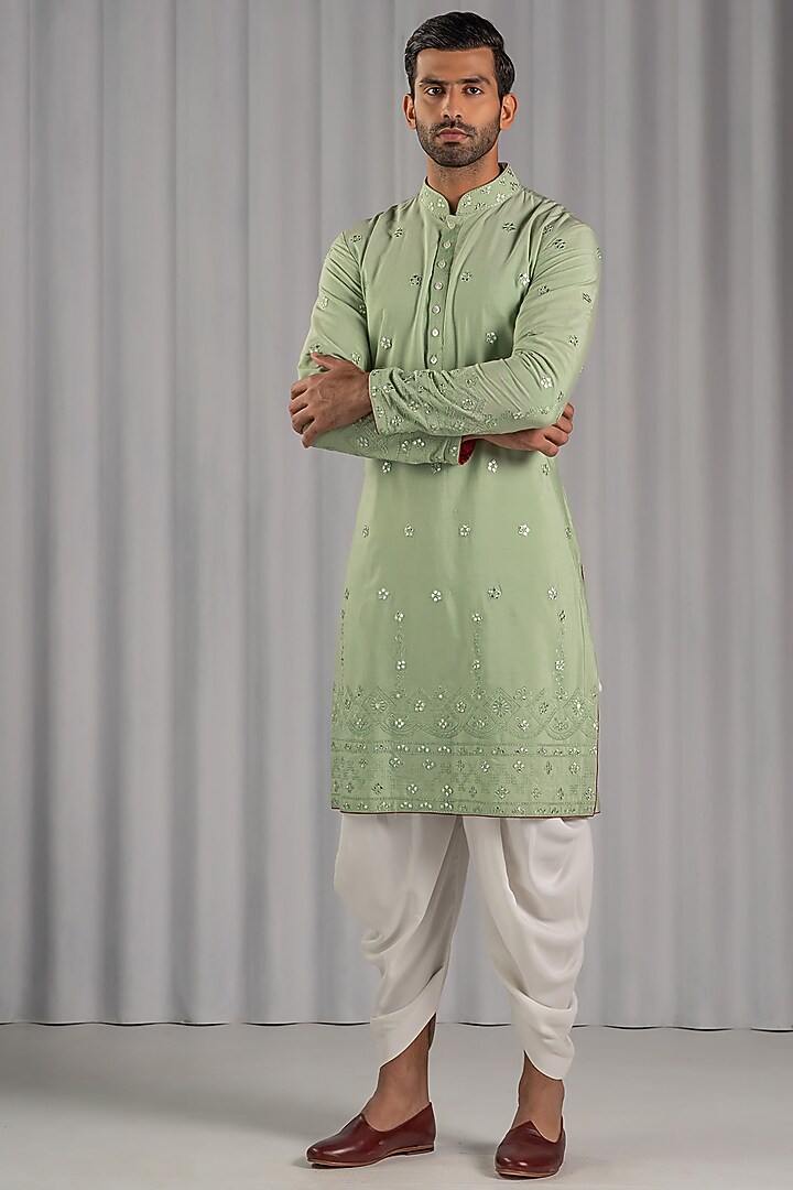 Soft Green Cotton Silk Embroidered Kurta Set by Punit Arora at Pernia's Pop Up Shop