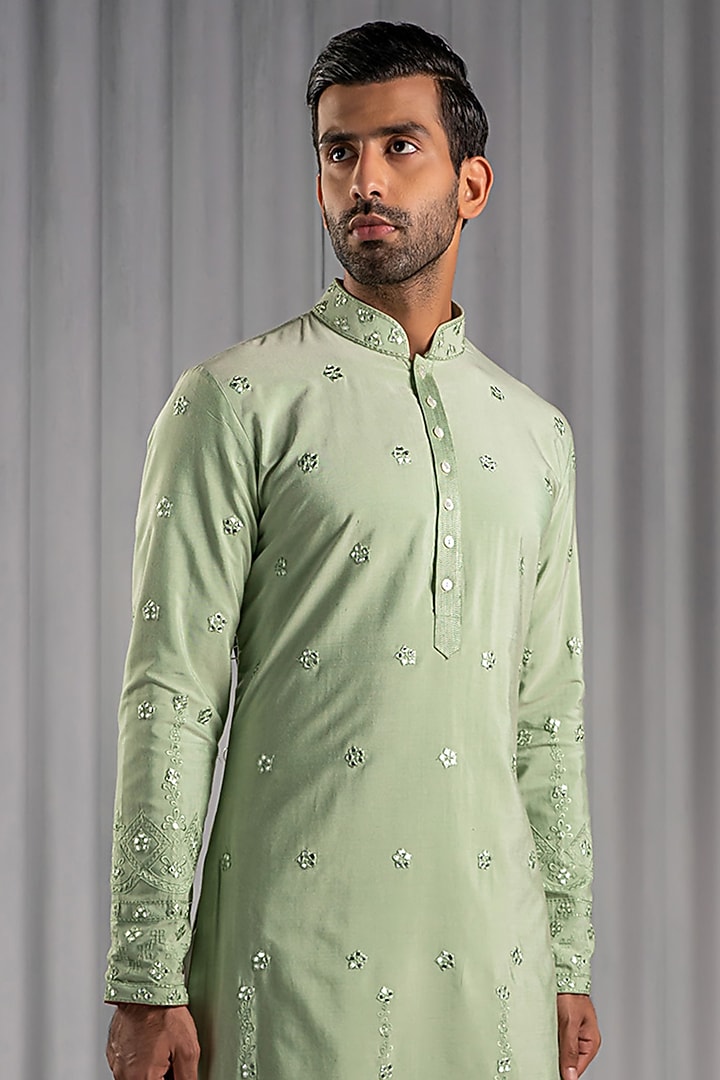 Soft Green Cotton Silk Embroidered Kurta Set by Punit Arora at Pernia's Pop Up Shop